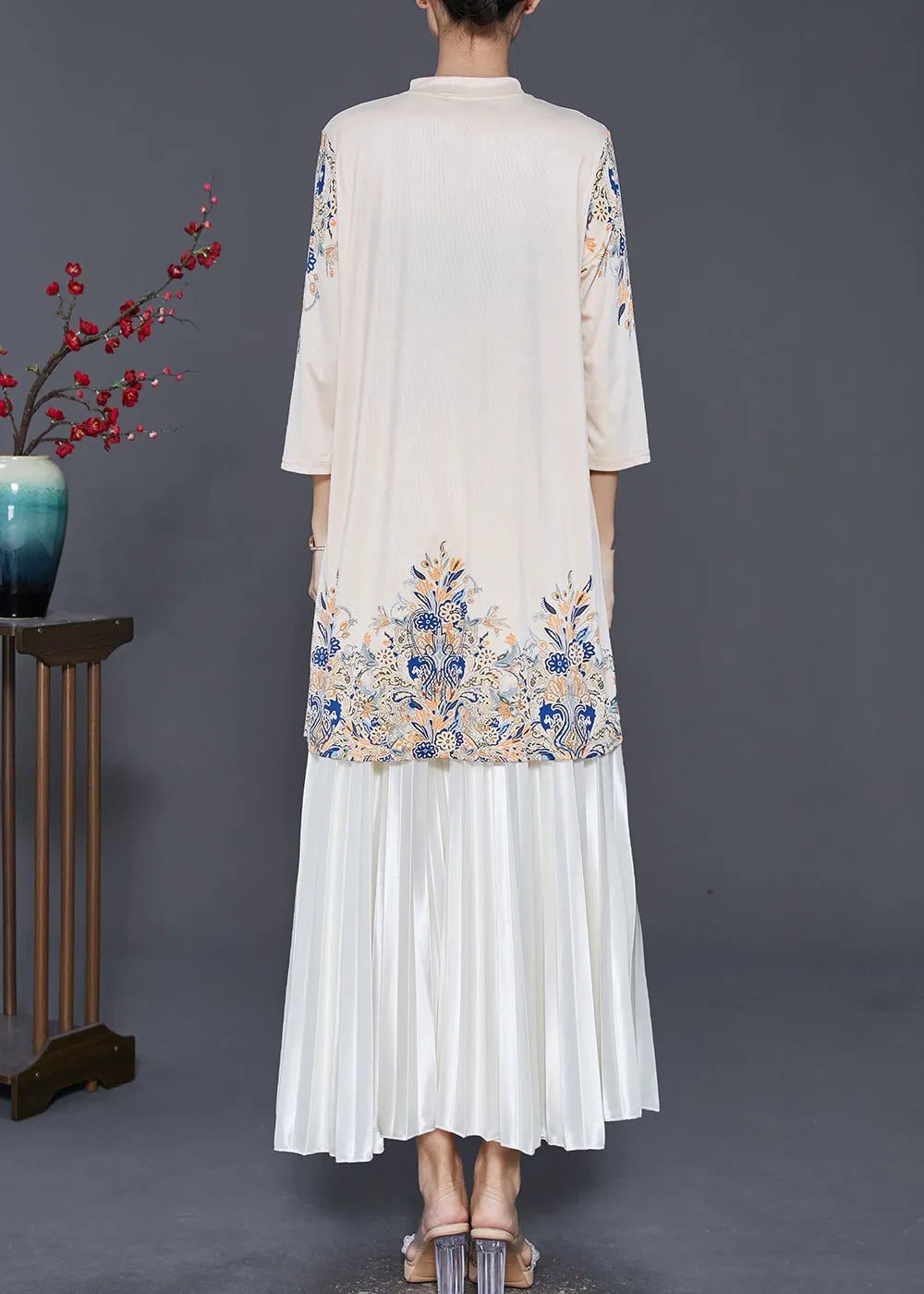 Boutique Apricot Mandarin Collar Print Silk Dress and Pleated Skirt Two Pieces Set Spring