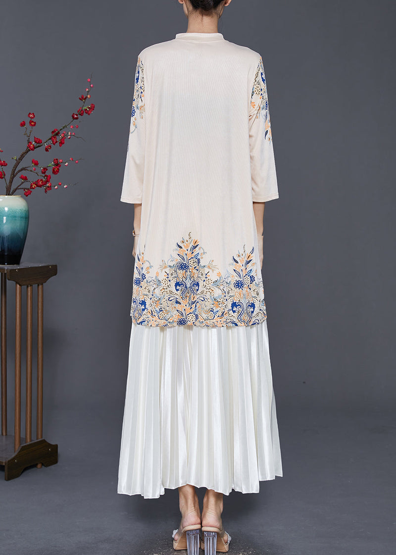 Boutique Apricot Mandarin Collar Print Silk Dress and Pleated Skirt Two Pieces Set Spring