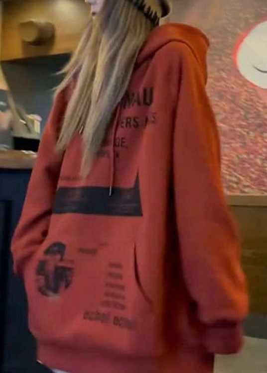 Art Brick Red Hooded Pockets Print Fall Sweatshirt Street Wear