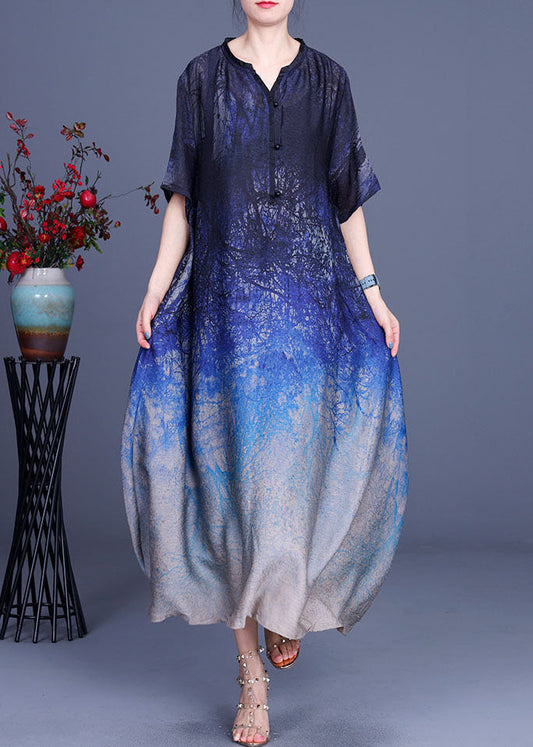 Classy Blue Button Print Fall Half Sleeve Dress
