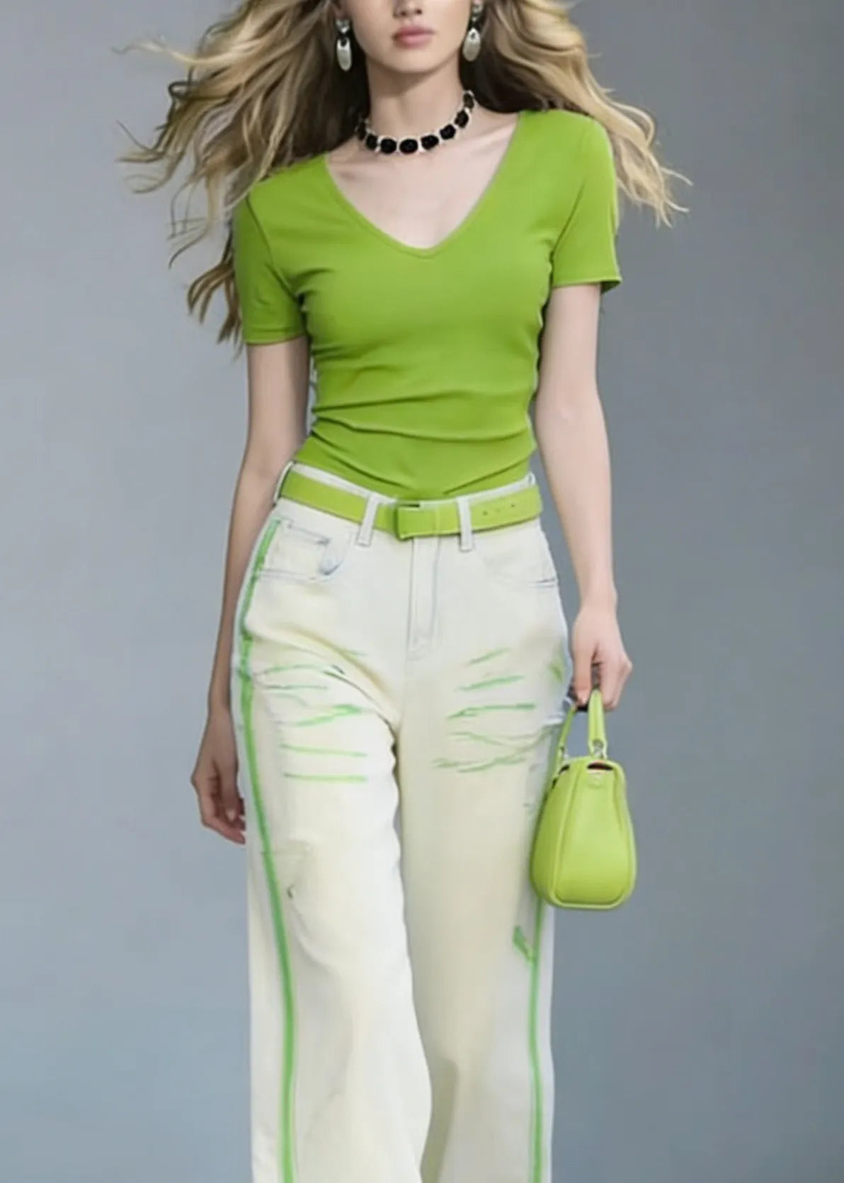 V Neck Cotton T Shirt and Jeans Two Pieces Set Summer