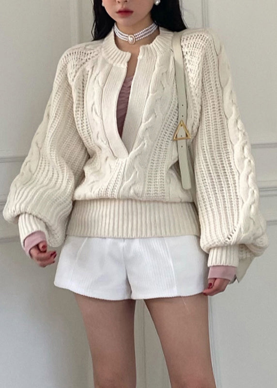 Brief White O-neck Cozy Cable Knit Sweaters Long Sleeve