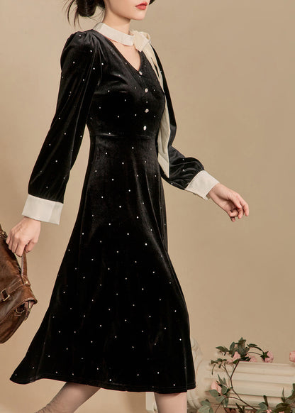 French Black Bow Dot Silk Velour Long Dress Winter