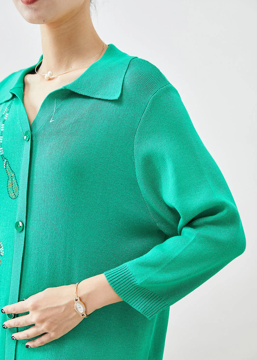 Diy Green Oversized Hot Fixrhinestone Knit Mid Dress Fall