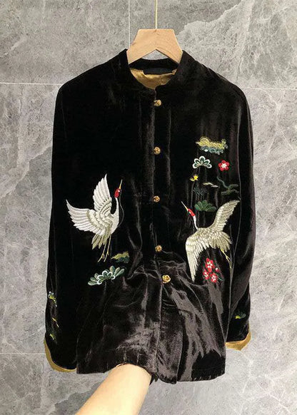 Black Mandarin Collar Print Velour Coats Long Sleeve