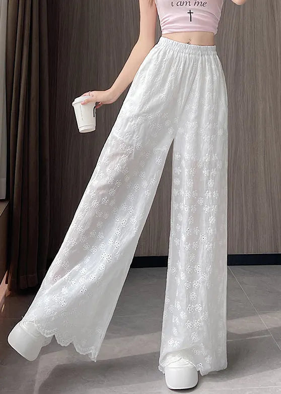 New White Hollow Out Elastic Waist Thin Cotton Wide Leg Pants Fall