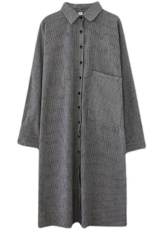 Loose Grey Striped Turn-down Colla Maxi Spring Cotton Dress