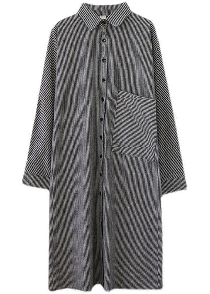 Loose Grey Striped Turn-down Colla Maxi Spring Cotton Dress