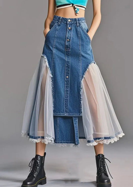 Art Blue Silm Fit Patchwork Tulle Denim a Line Skirt Spring