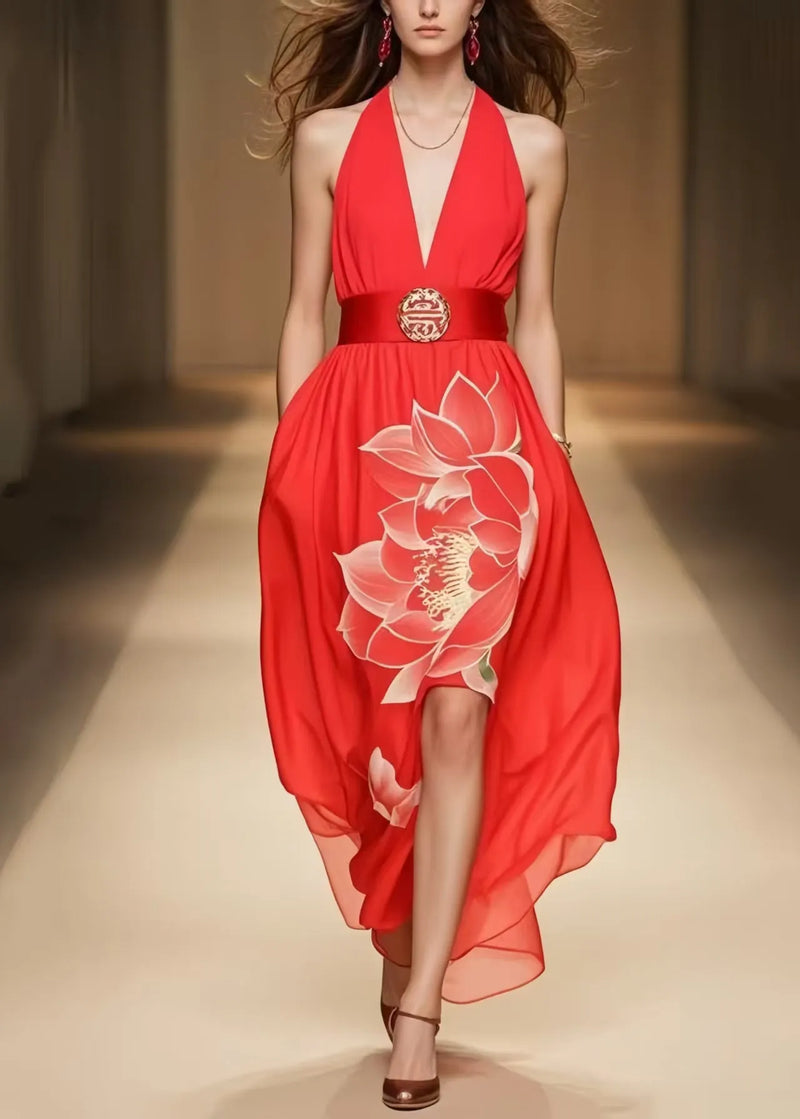 Organic Red Cold Shoulder Chiffon Halter Dress Summer