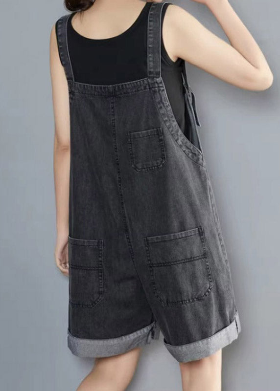 Handmade Black Asymmetrical Patchwork Pockets Denim Jumpsuit Sleeveless