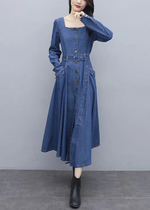 Italian Blue Square Collar Button Pockets Sashes Cotton Denim Long Dresses Long Sleeve