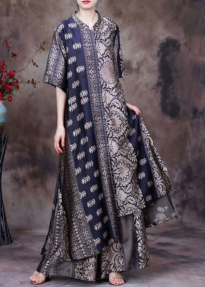 Black Asymmetrical Print Side Open Silk Long Top and Wide Leg Pant Two Piece Set Summer