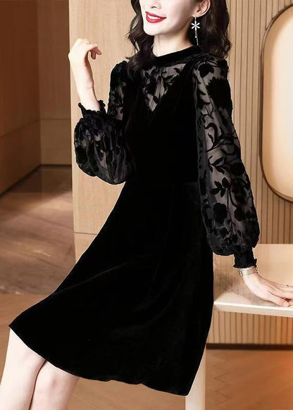 Jacquard Black High Waist Patchwork Silk Velour Dresses Winter