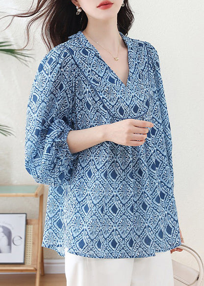Blue V Neck Geometric Print Chiffon Blouse Top Lantern Sleeve