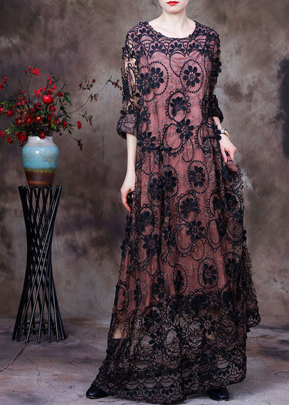 Pink O-neck Embroideried Lace Holiday Long Dress Long Sleeve
