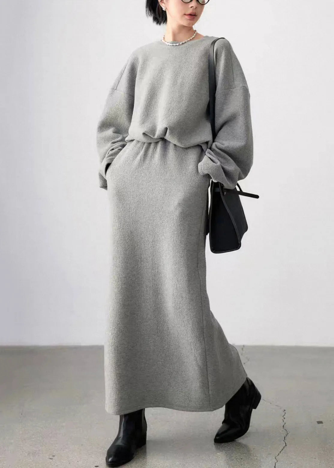 Grey O Neck Side Open Sweatshirt and Skirts Cotton Two Pieces Set Fall