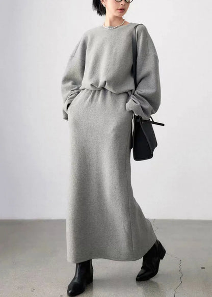 Grey O Neck Side Open Sweatshirt and Skirts Cotton Two Pieces Set Fall