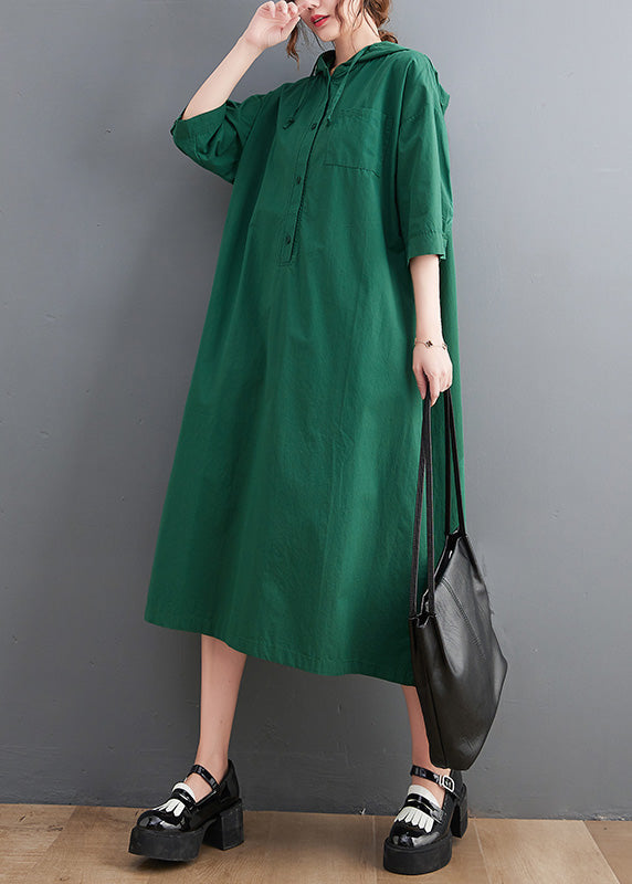Green Button Neck Tie Cotton Hooded Long Dress Summer