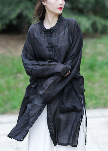 Black Oversized Side Open Linen Upf 50+ Long Shirt Spring