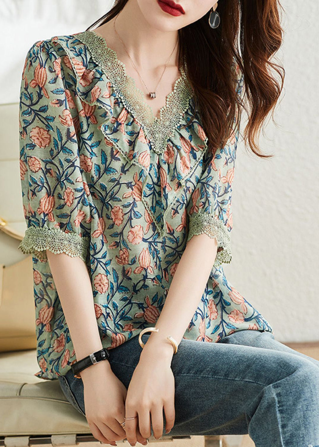 V Neck Print Chiffon Tops Short Sleeve