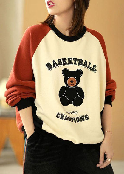 Brick Red Patchwork Graphic Fall Sweatshirt