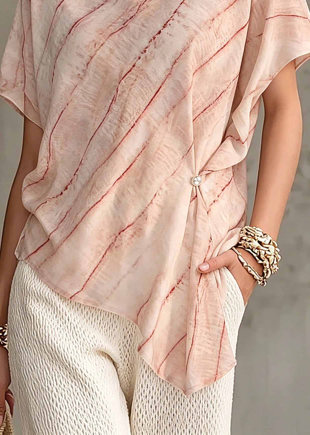 Pink Asymmetrical Striped Chiffon Tops Short Sleeve