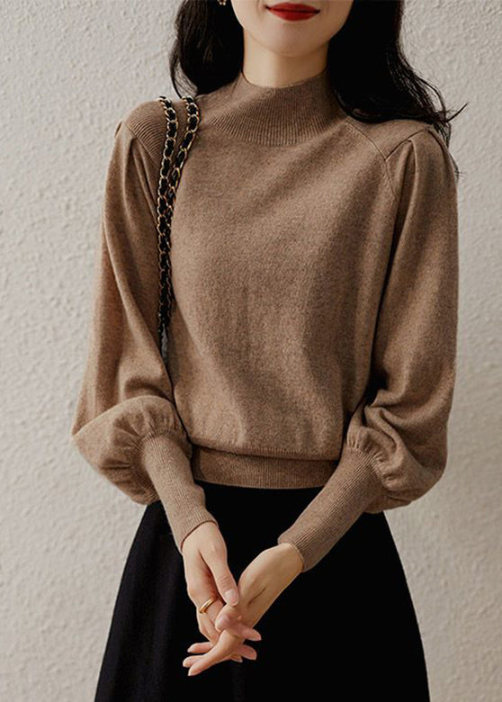 Camel Turtleneck Knit Top Long Sleeve
