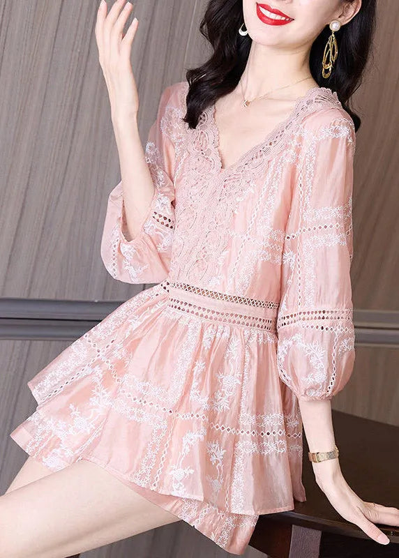 Pink V Neck Lace Patchwork Chiffon Shirts and Shorts Two Piece Set Summer