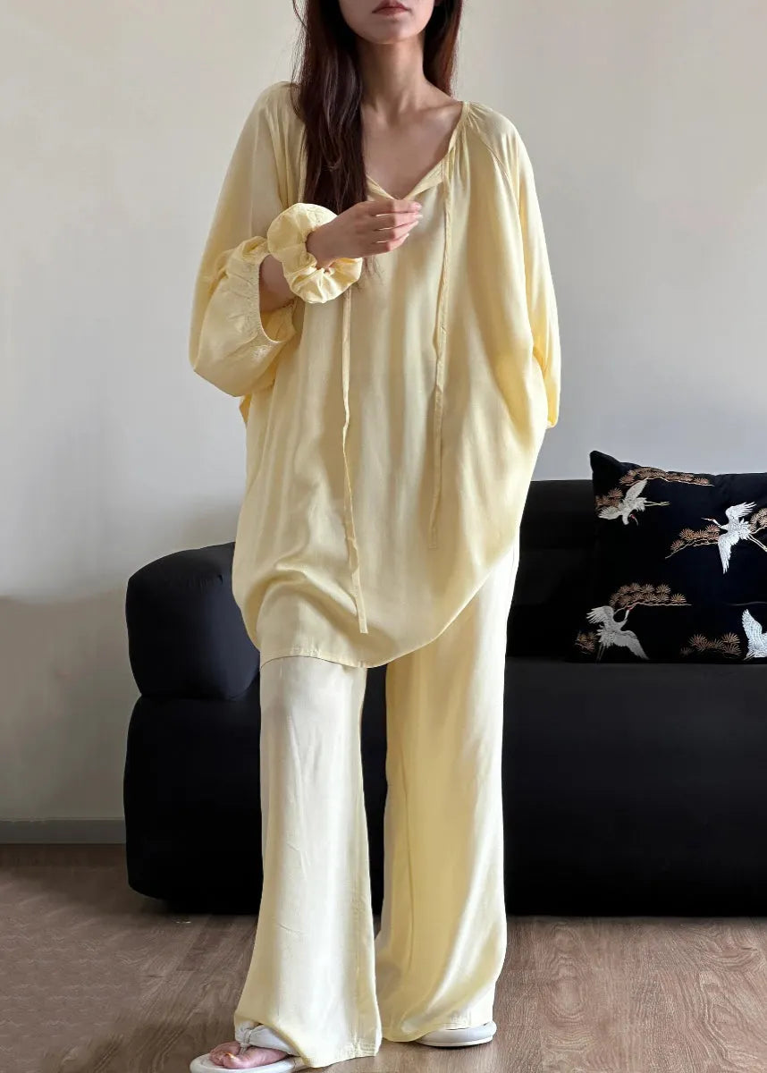 Simple Blue O Neck Lace Up Cotton Pajamas Two Piece Set Fall