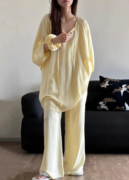 Simple Blue O Neck Lace Up Cotton Pajamas Two Piece Set Fall