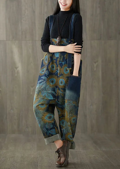Navy Pockets Print Jeans Jumpsuit Spring
