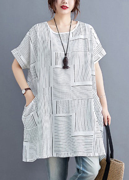 White O-neck Striped Linen Tank Tops Short Sleeve