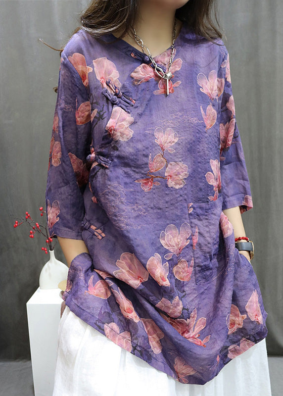 Handmade Purple O-neck Print Button Top Summer