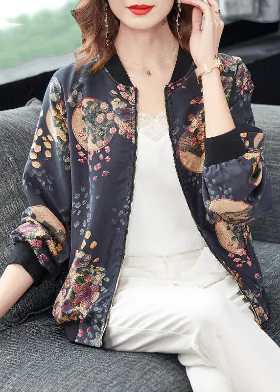 Dark Gray Zip Up Print Pockets Patchwork Silk Coats Fall