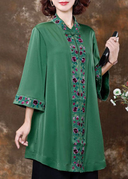 Green Embroideried Patchwork Silk Shirts Spring
