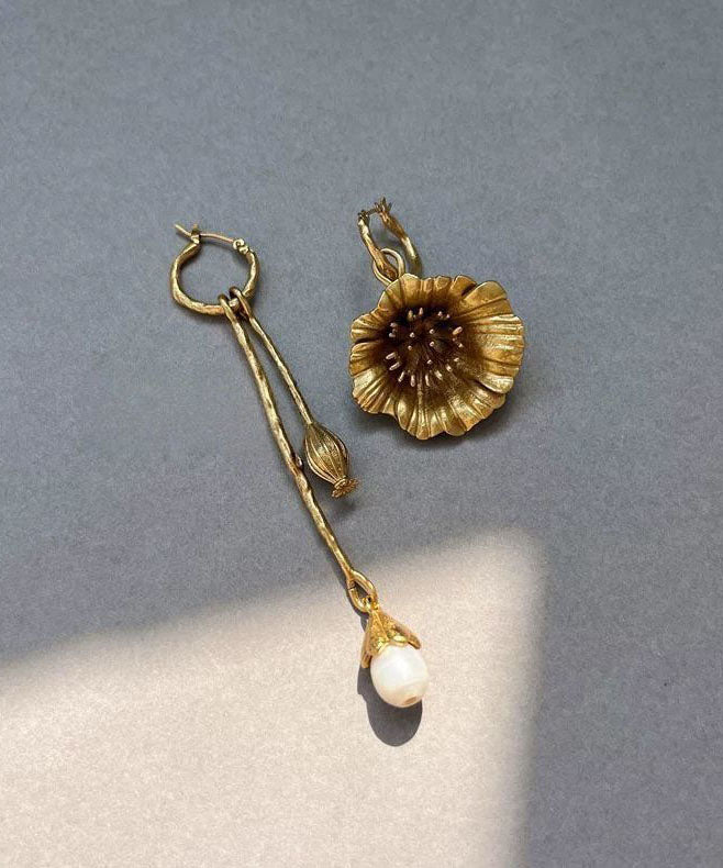 Retro Gold Copper Overgild Asymmetrical Pearl Tassel Drop Earrings