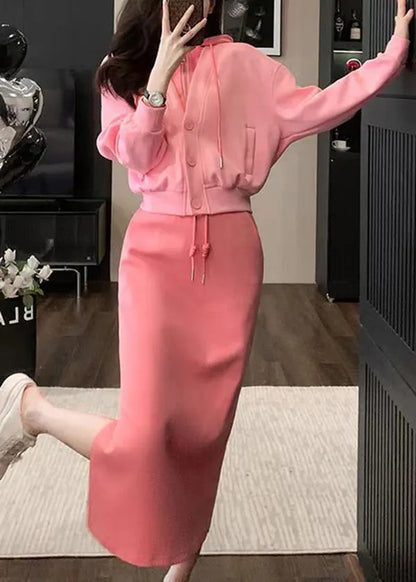 Pink Hooded Top and Skirts Cotton Two Pieces Set Spring
