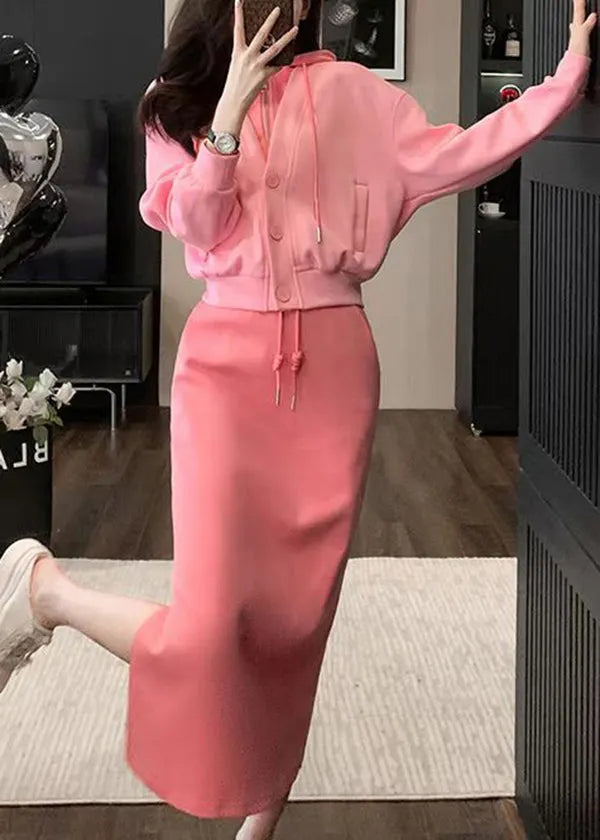 Pink Hooded Top and Skirts Cotton Two Pieces Set Spring