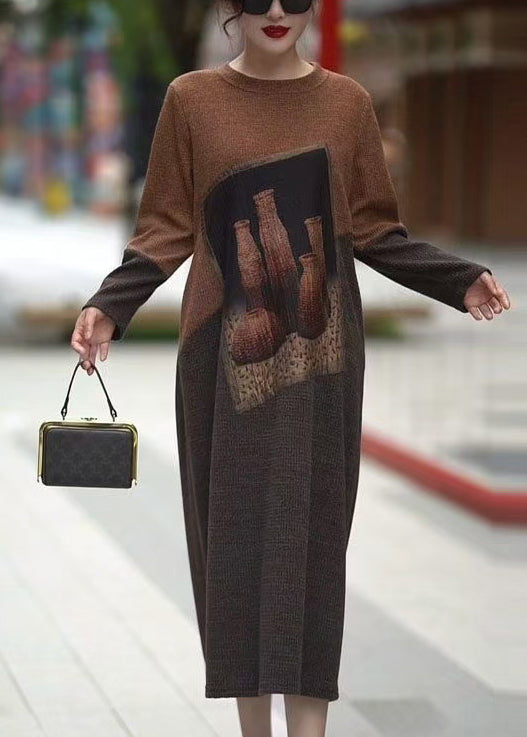 Colorblock O Neck Cozy Knit Long Dress Winter