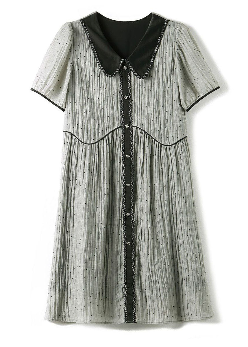 Grey Peter Pan Collar Wrinkled Patchwork Silk Dress Summer