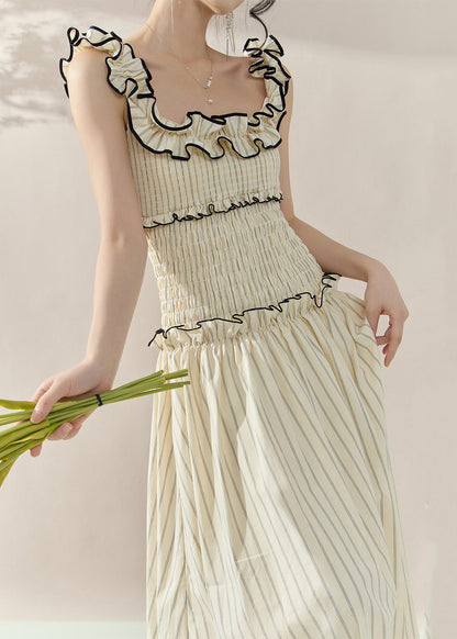 Apricot Ruffled Patchwork Slim Long Dress Sleeveless