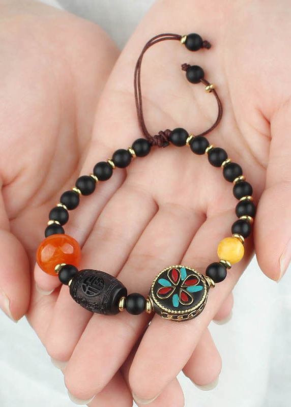 Black Coloured Glaze Pearl Beeswax Sandalwood Clover Charm Bracelet