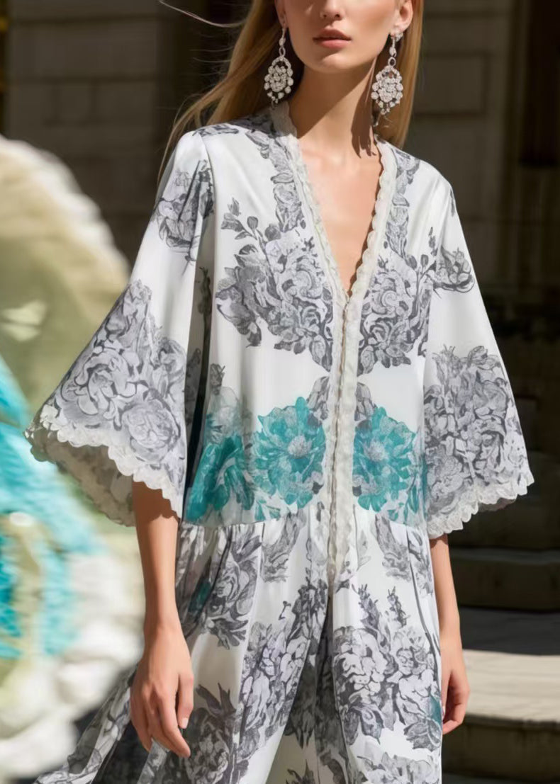Fitted Grey Oversized Print Silk Robe Dresses Flare Sleeve Summer