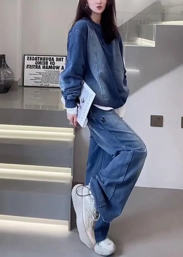 Blue Oversized Patchwork Denim Two Pieces Set Spring