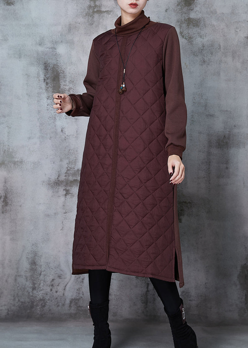 Brown Turtle Neck Patchwork Fine Cotton Filled Dresses Spring