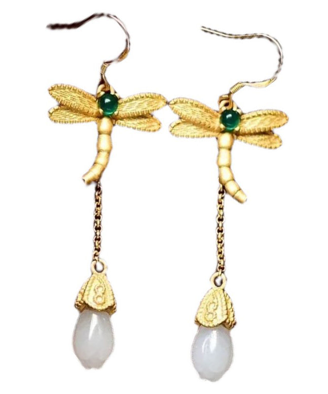 Gold Sterling Silver Overgild Inlaid Jade Tassel Dragonfly Drop Earrings