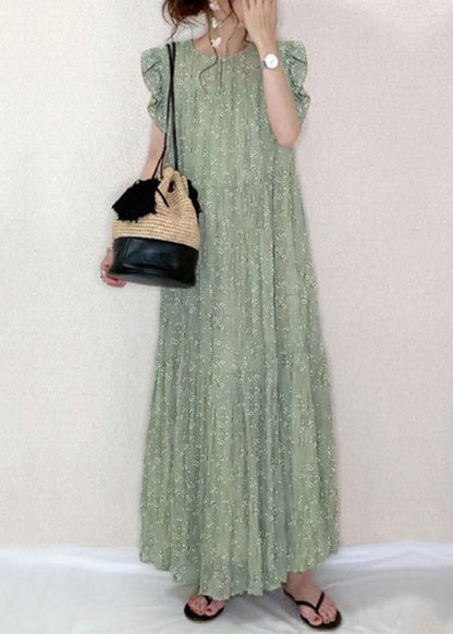 Green O-neck Ruffled Print Holiday Long Dress Summer