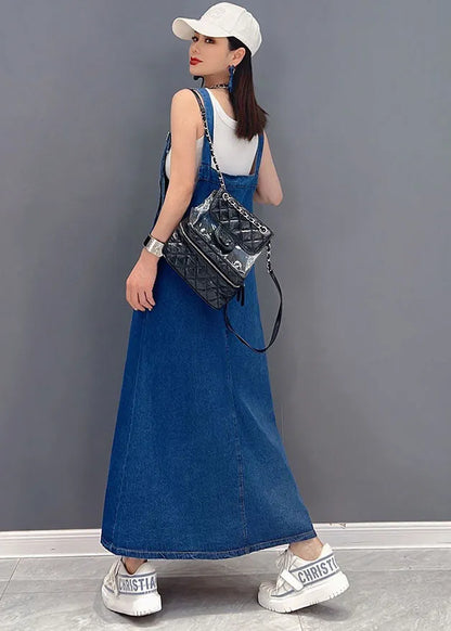 Italian Denim Blue Patchwork Cotton Fake Two Piece Strap Dresses Summer