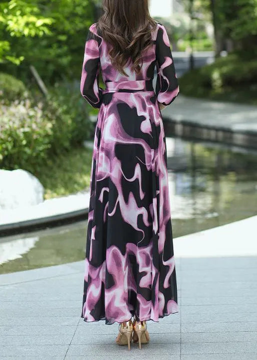 New V Neck Print Lace Up Chiffon Long Dress Summer
